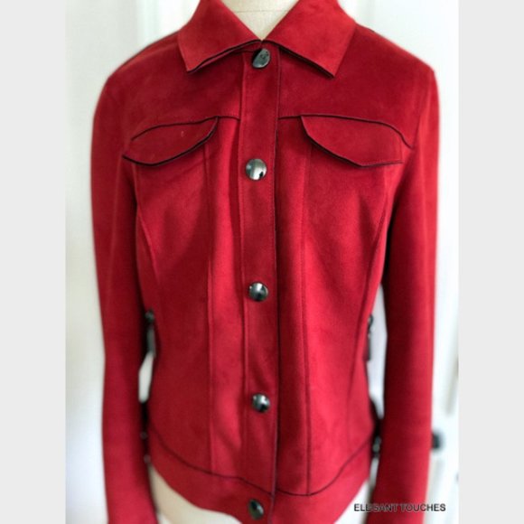 Tribal Red Suede Cropped Jacket womens SMALL Microfiber Lightweight Button Front - Picture 1 of 9
